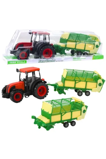 Traktor rolniczy z przyczepą zielono-żółtą