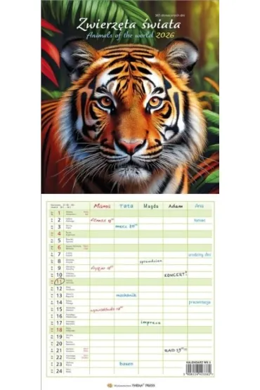Kalendarz 2026 wieloplanszowy wąski - Zwierzęta
