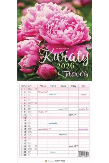 Kalendarz 2026 wieloplanszowy wąski - Kwiaty