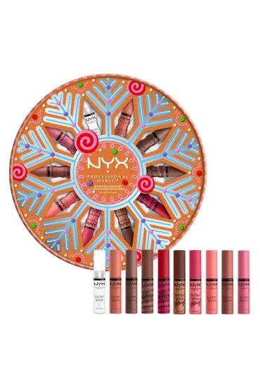 NYXSET Professional Makeup Holiday Butter Gloss Vault błyszczyki do ust Creme Brulee + Praline + Angel Food Cake + Sugar Glass + Bit Of Honey + Ginger Snap + Funnel Cake + Candy Apple + Hustla + She Got Money 10x8ml
