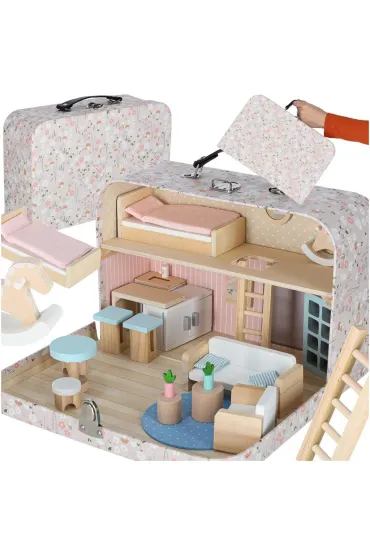 Domek dla lalek w walizce akcesoria drewniane mebelki