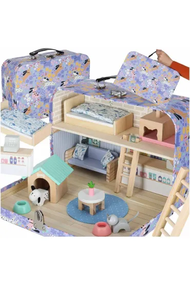 Domek w walizce hotel spa dla zwierząt drewniane mebelki figurki