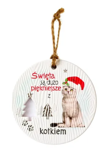 Zawieszka ceramiczna Boże Narodzenie kot biały