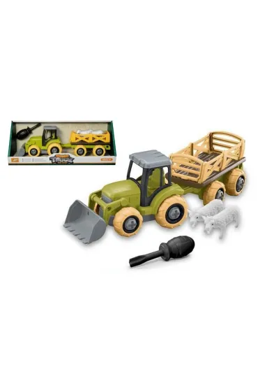 Traktor rolniczy z przyczepą i figurkami zwierząt