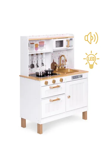 Kuchnia dla dzieci z dźwiękami i LED drewniana duża otwierane szafki 7 akcesoriów