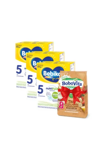Junior 5 Odżywcza formuła na bazie mleka dla przedszkolaka + BoboVita Porcja Zbóż Kaszka mleczna 7 zbóż zbożowo-owsiana truskawka-banan po 8. miesiącu GRATIS Zestaw