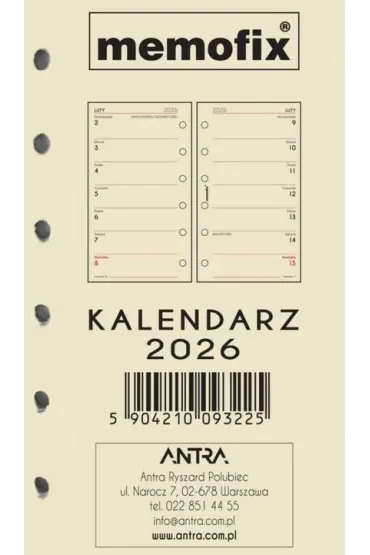 Wkład kalendarzowy 2026 Memofix A6 TNS