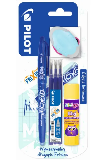 Pióro kulkowe Frixion Pilot niebieskie + wkład Frixion niebieski x3+klej szybkoschnący + gumka owalna blister