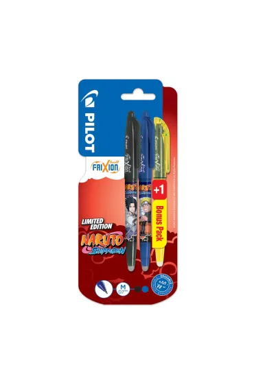 Pióro kulkowe Frixion Ball Naruto Pilot niebieskie + czarne + zakreślacz Frixion light żółty blister