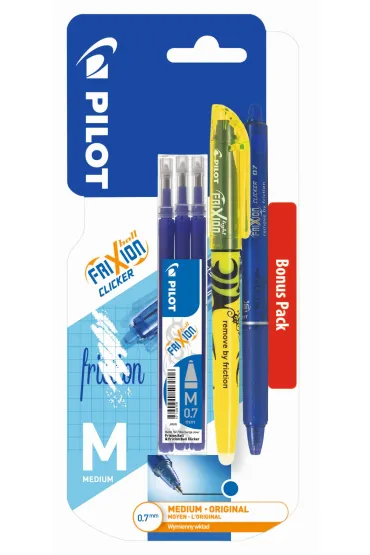 Pióro kulkowe Frixion Clicker Pilot granatowe + wkład granatowy x3 + zakreślacz żółty x1 blister
