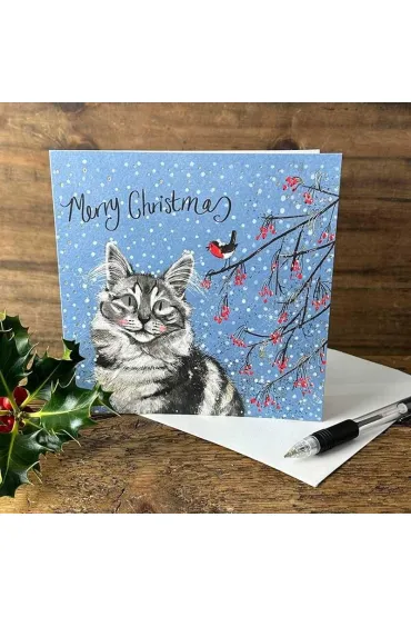 Karnet Święta kwadrat Kot i jarzębina