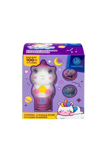 Stempel z naklejkami Astrafun Jednorożec 100 naklejek wielokrotnego użytku + książeczka