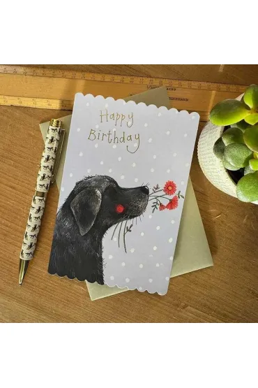 Karnet Urodziny Labrador z kwiatami