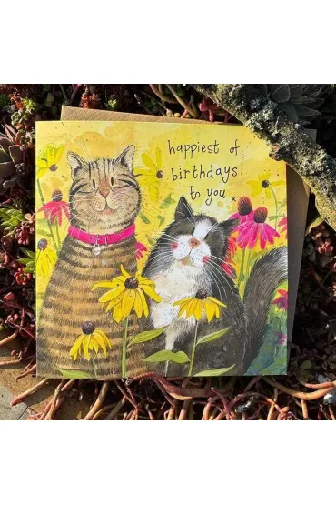 Karnet Urodziny 2 koty w kwiatach