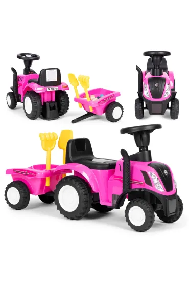 Jeździk traktor New Holland z przyczepką interaktywna kierownica dźwięki dla dzieci różowy