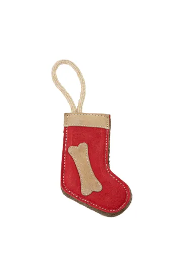 Zabawka dla psa, skórzana Skarpeta Świąteczna 19x9 cm + 13 cm lina