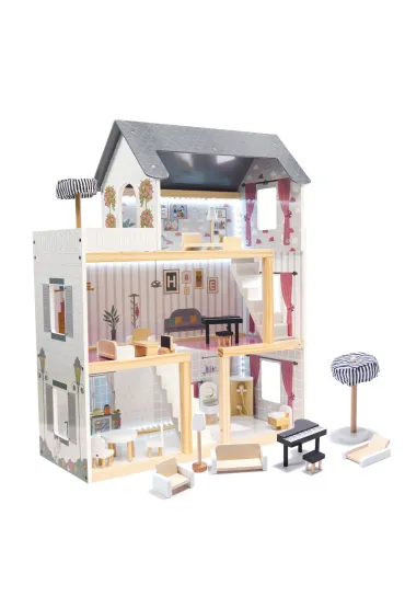 Domek dla lalek drewniany MDF mebelki 78cm czarny LED