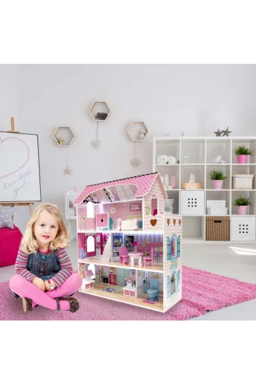 Domek dla lalek drewniany MDF mebelki 70cm różowy LED