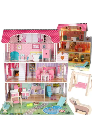 Domek dla lalek drewniany Lulilo Gardeno z ogródkiem mebelki 70cm różowy LED